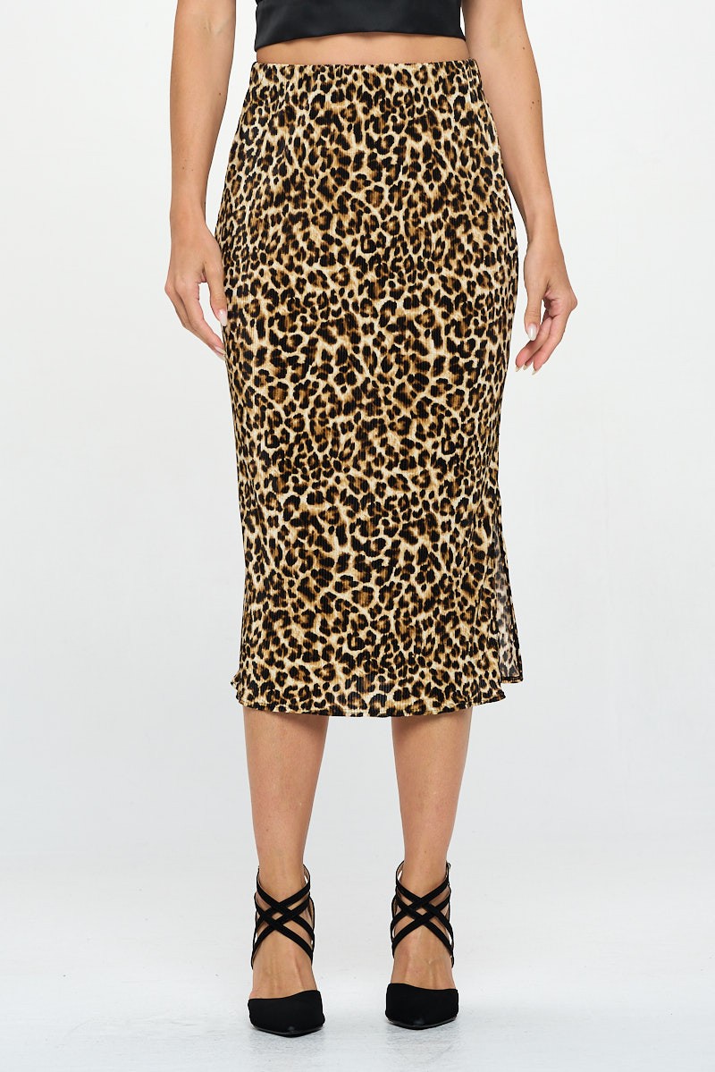 Ta-Bk Made In Usa Leopard Print Plisse Midi Skirt