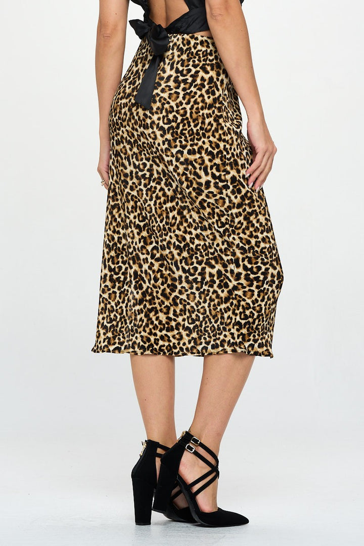 Ta-Bk Made In Usa Leopard Print Plisse Midi Skirt