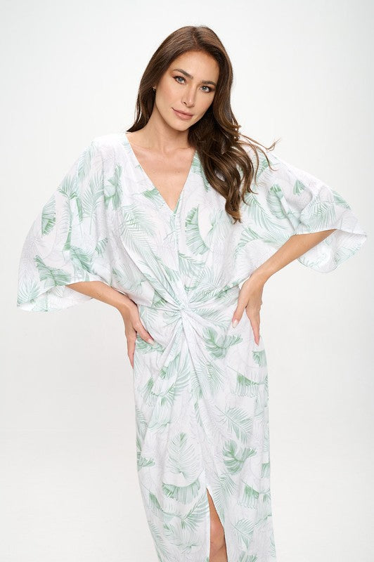 Wt Tropical Leaf Print Kimono Dress With Front Twist