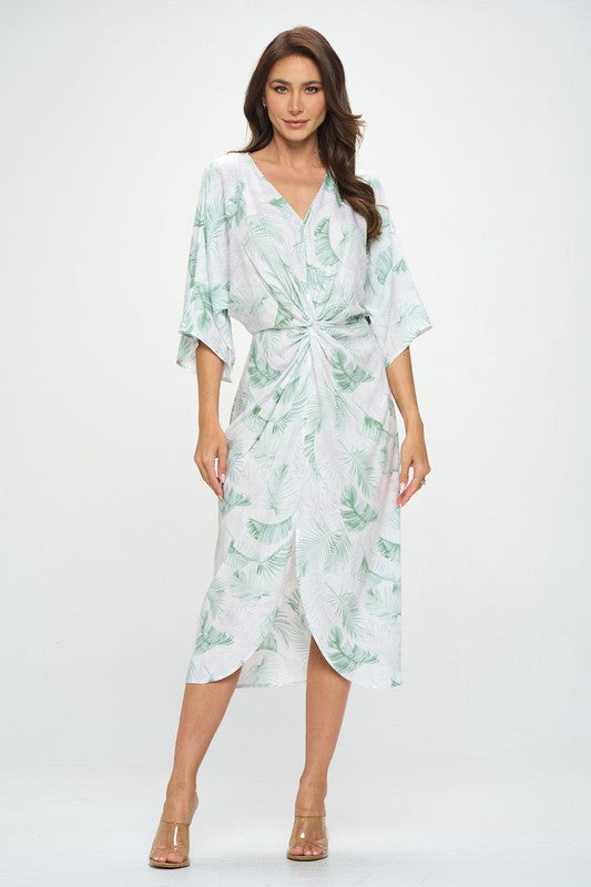 Wt Tropical Leaf Print Kimono Dress With Front Twist