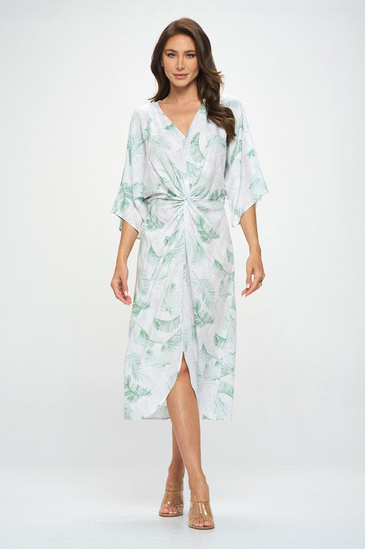 Wt Tropical Leaf Print Kimono Dress With Front Twist