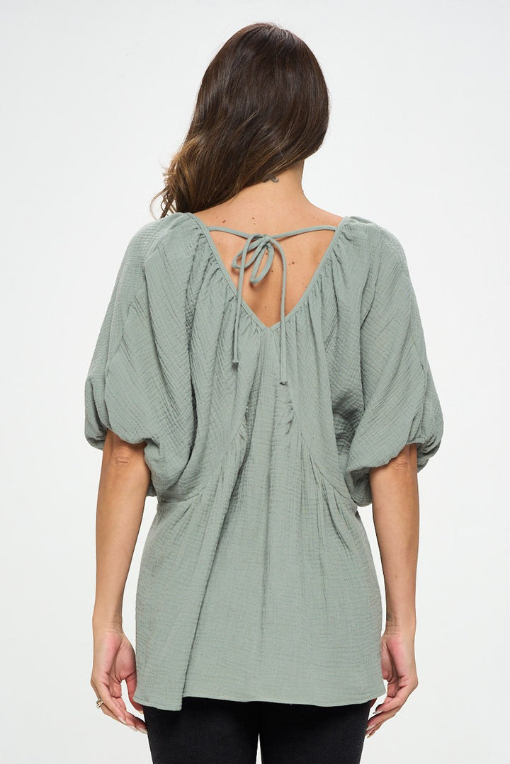 Pu Cotton V Neck Puff Sleeve Tunic Top