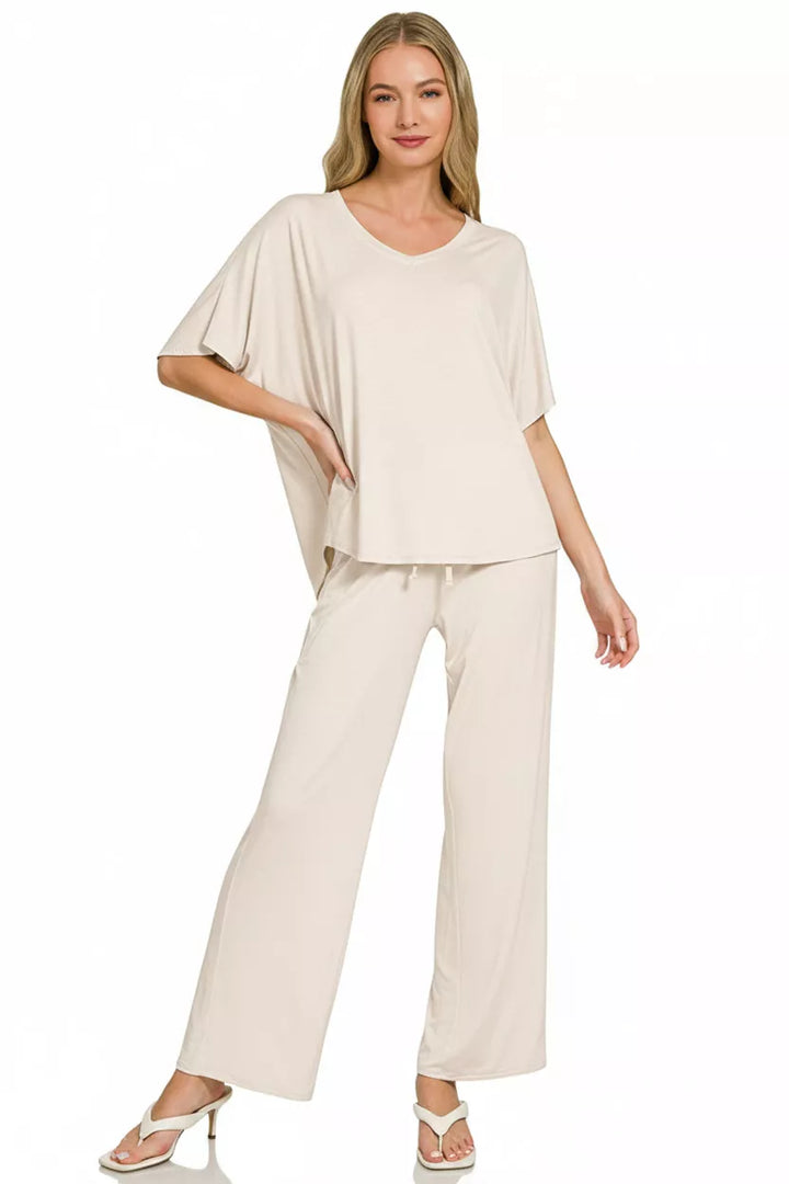 Sand Beige Zenana V Neck Oversized Top Pants Set