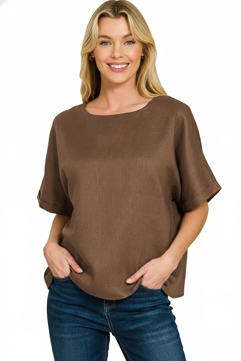 Brown Zenana Linen Round Neck Cuffed Sleeve Top 1