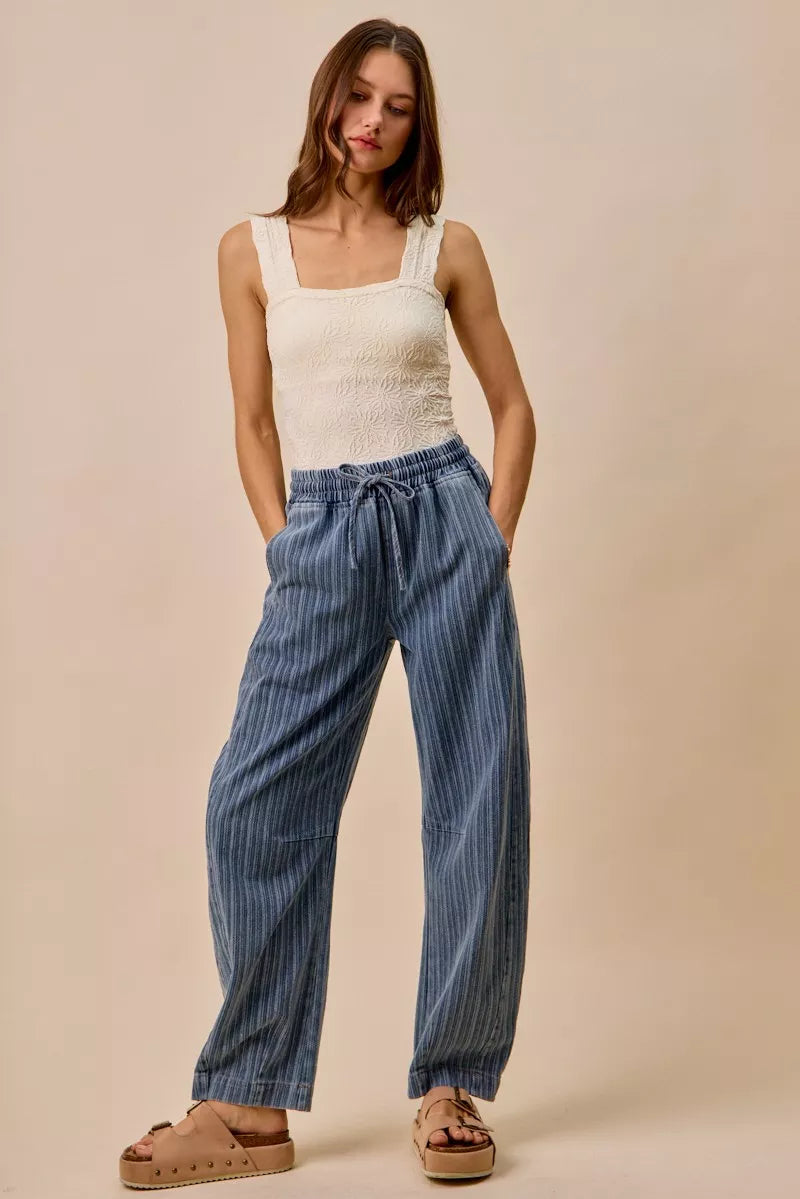 So Me Stripe Denim Barrel Jeans Drawstring Waistband