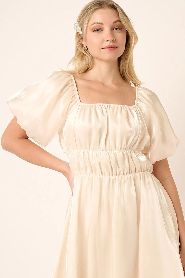 Cream Mittoshop Metallic Organza Fabric Balloon Sleeve Mini Dress