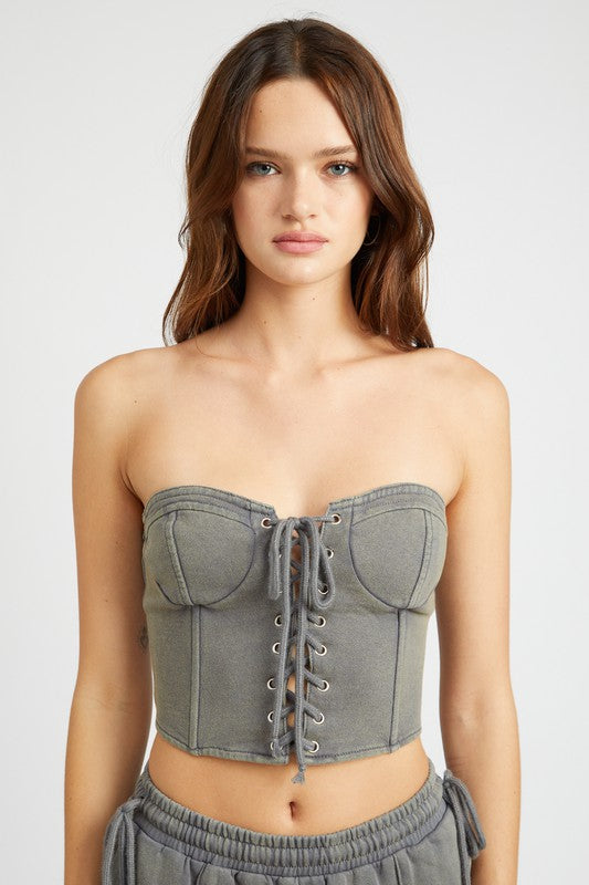 Brown French Terry Strapless Bustier Top