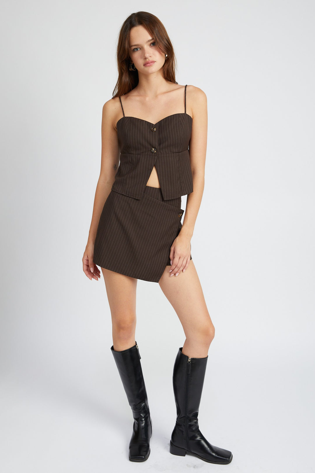 Brown Spaghetti Strap Pinstripe Top