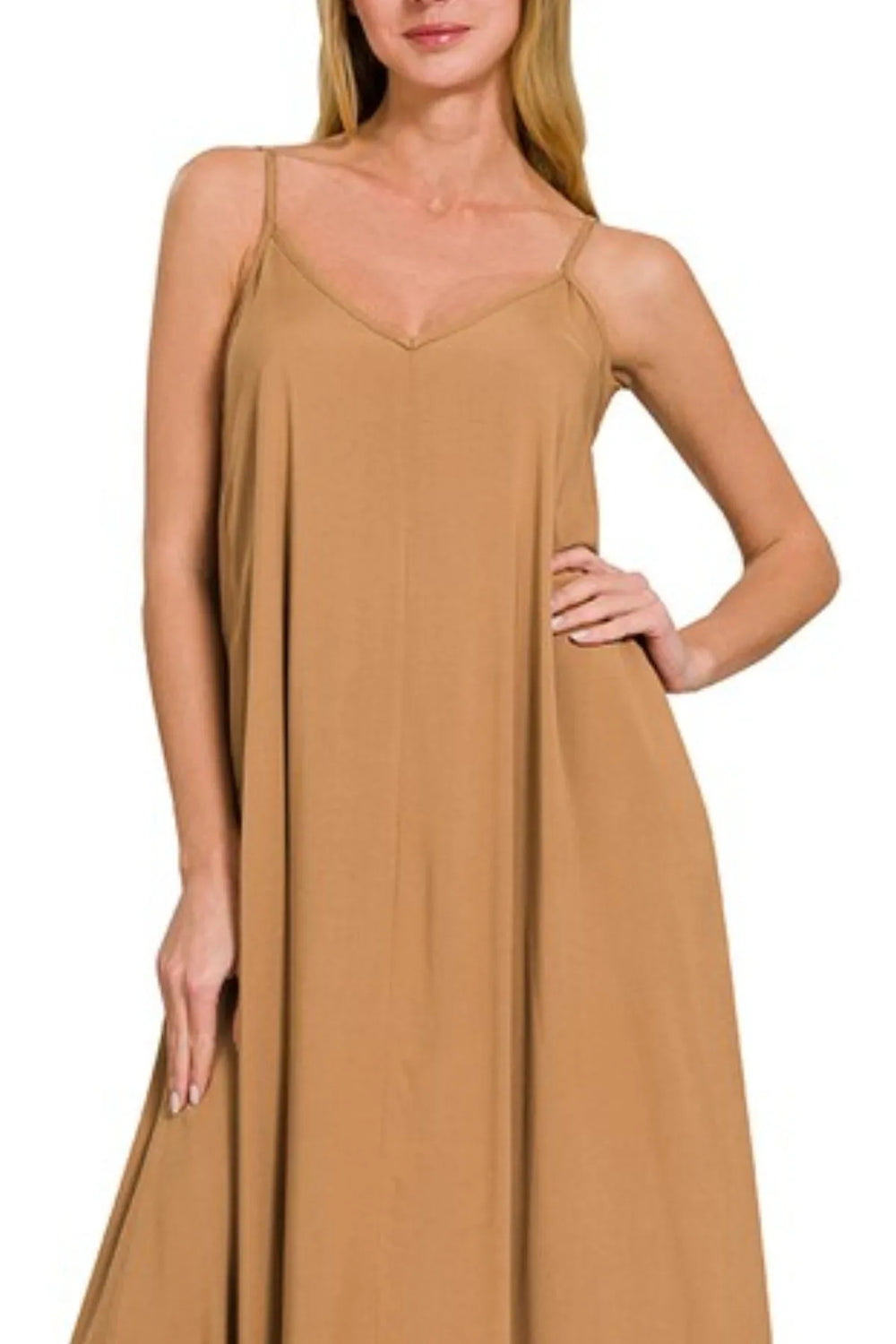 Deep Camel Zenana Woven Arc Hem Cami Dress With Flowy Pockets 2