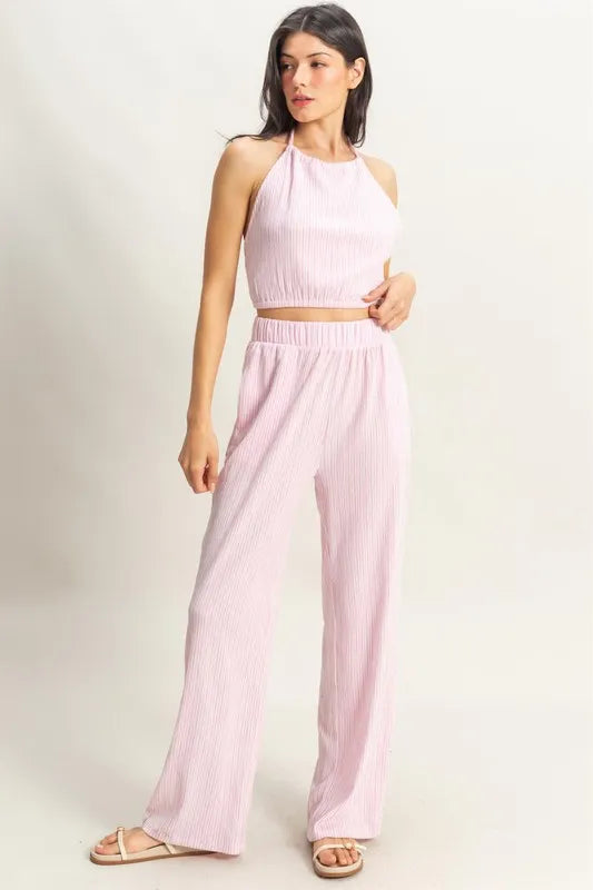 Pink/White Hyfve Striped Halter Neck Top And Pants Set 1