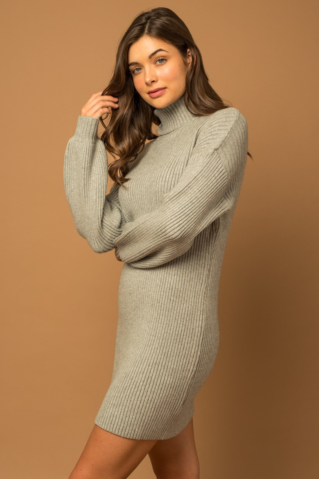 H GREY Turtle Neck Balloon Sleeve Sweater Dress