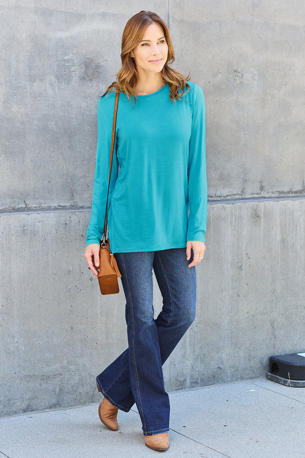 Dark Brown Basic Bae Full Size Round Neck Long Sleeve Top