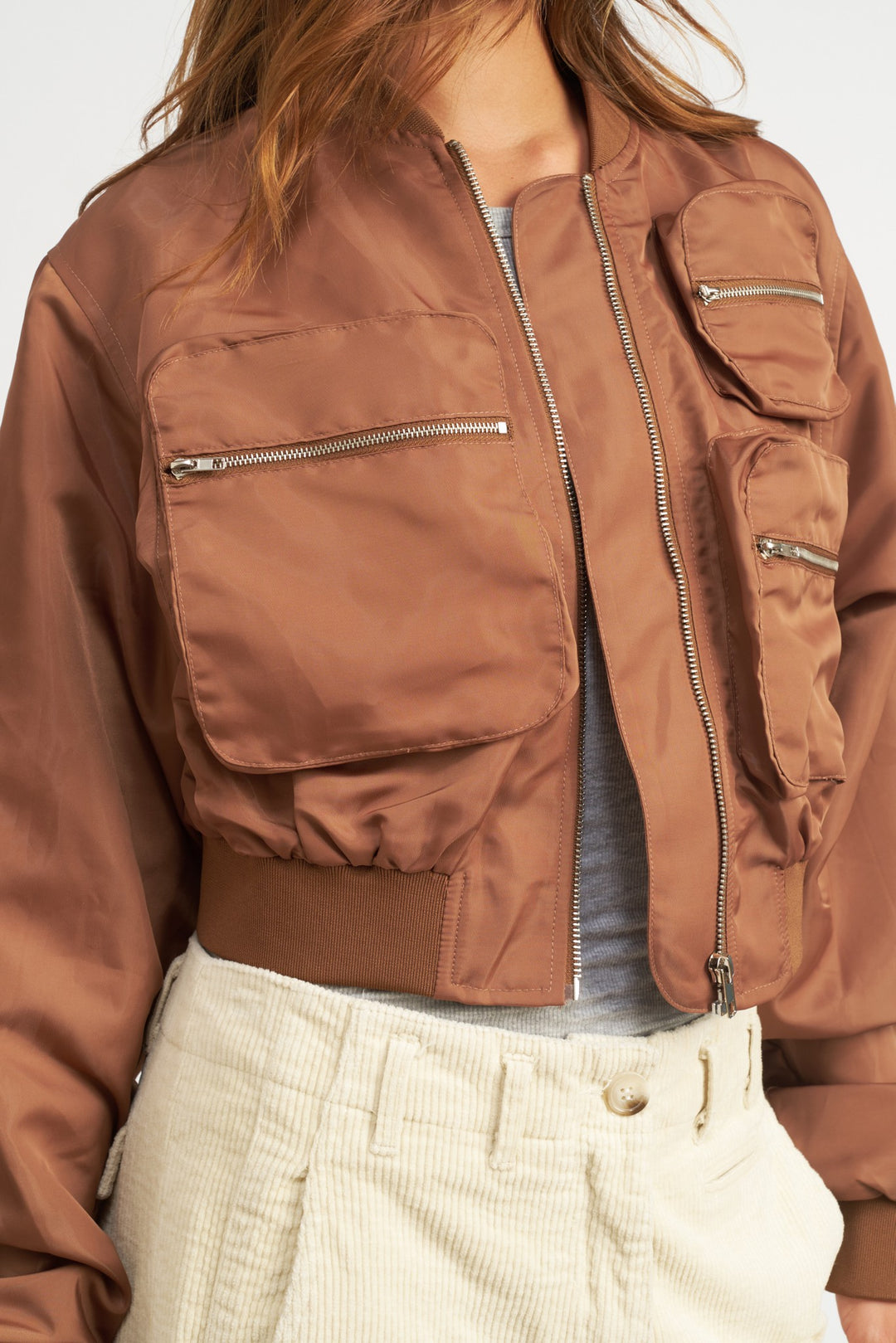 Brown Cropped Bomber Jacket
