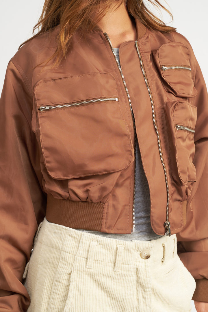 Brown Cropped Bomber Jacket