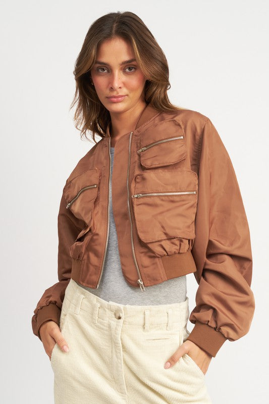 Brown Cropped Bomber Jacket