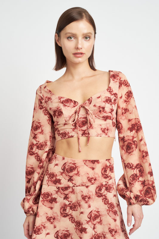Rose Long Sleeve Sweetheart Cropped Top