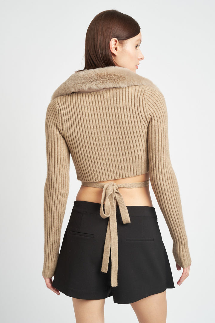 Oatmeal V Neck Cardigan With Fur Collar