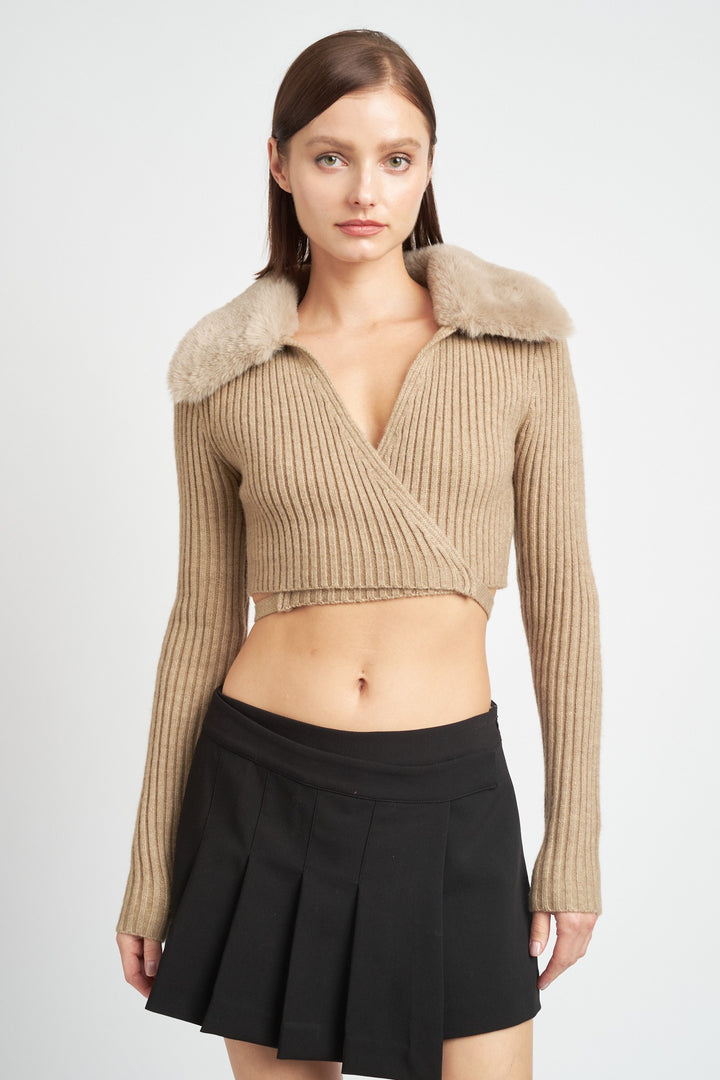 Dk Olive V Neck Cardigan With Fur Collar