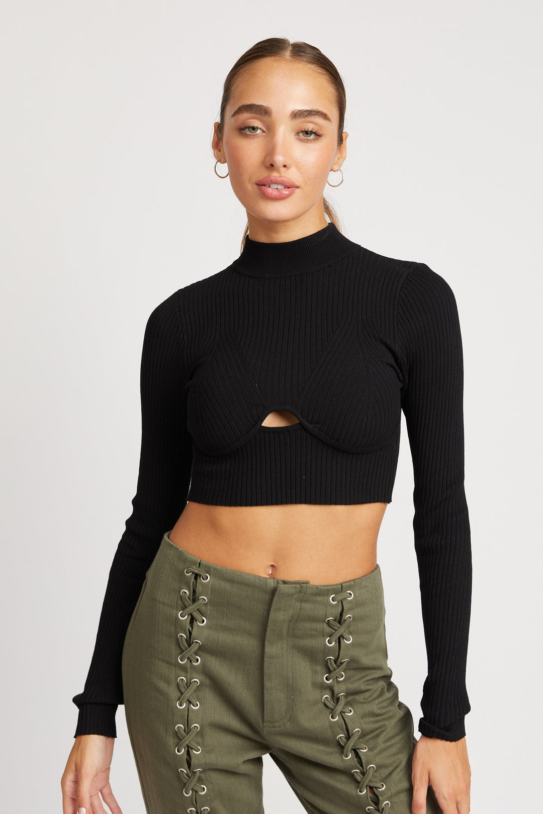 Brown Mock Neck Crop Top With Cut Out