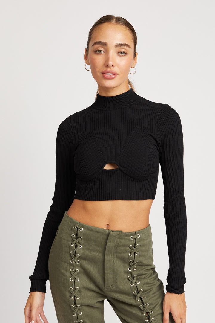 Brown Mock Neck Crop Top With Cut Out