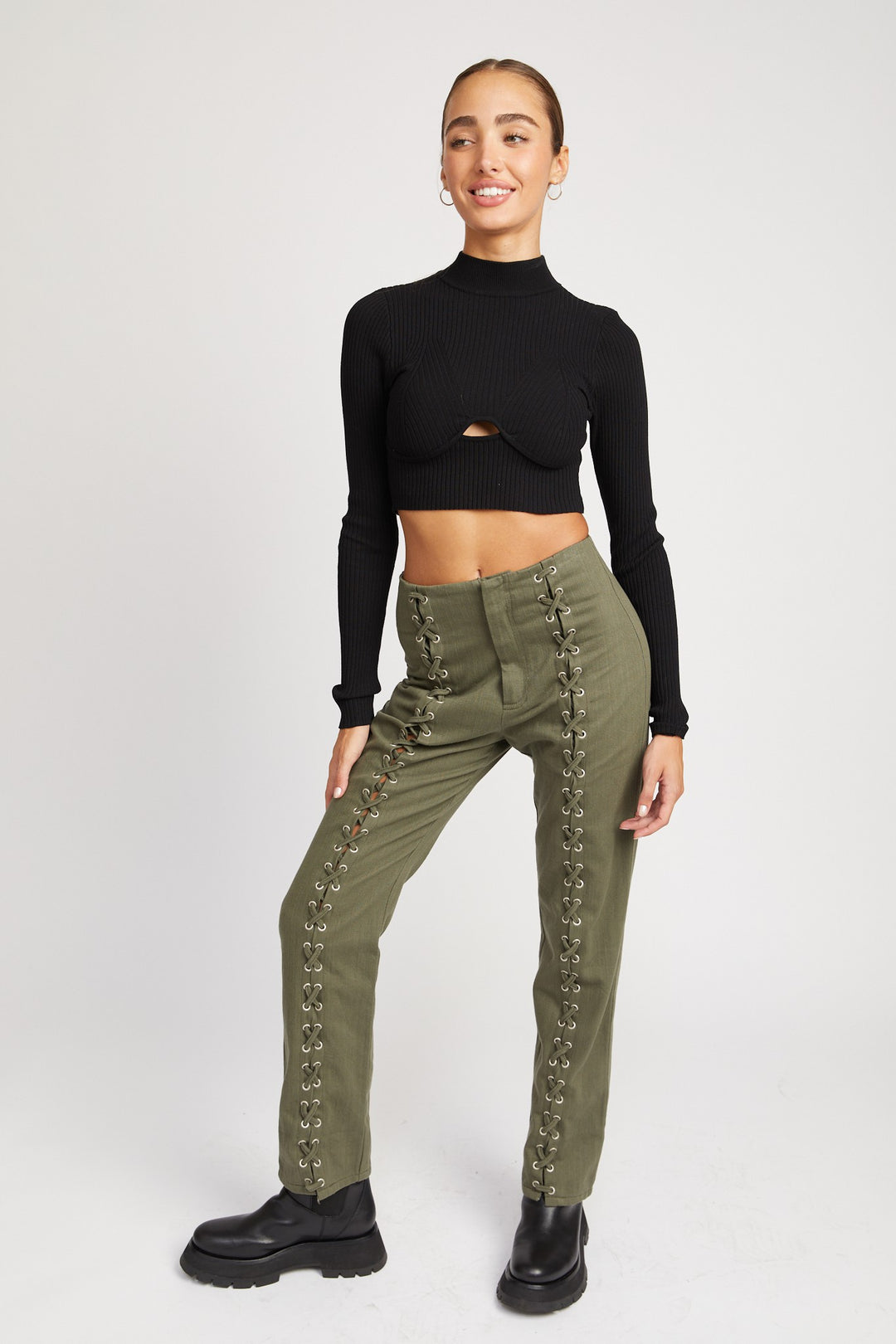Brown Mock Neck Crop Top With Cut Out