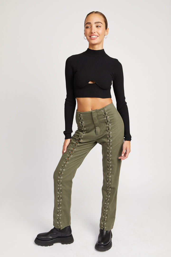 Brown Mock Neck Crop Top With Cut Out
