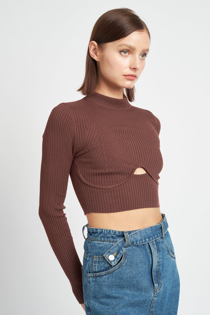 Black Mock Neck Crop Top With Cut Out