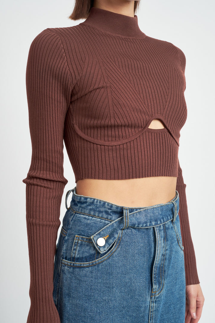 Black Mock Neck Crop Top With Cut Out