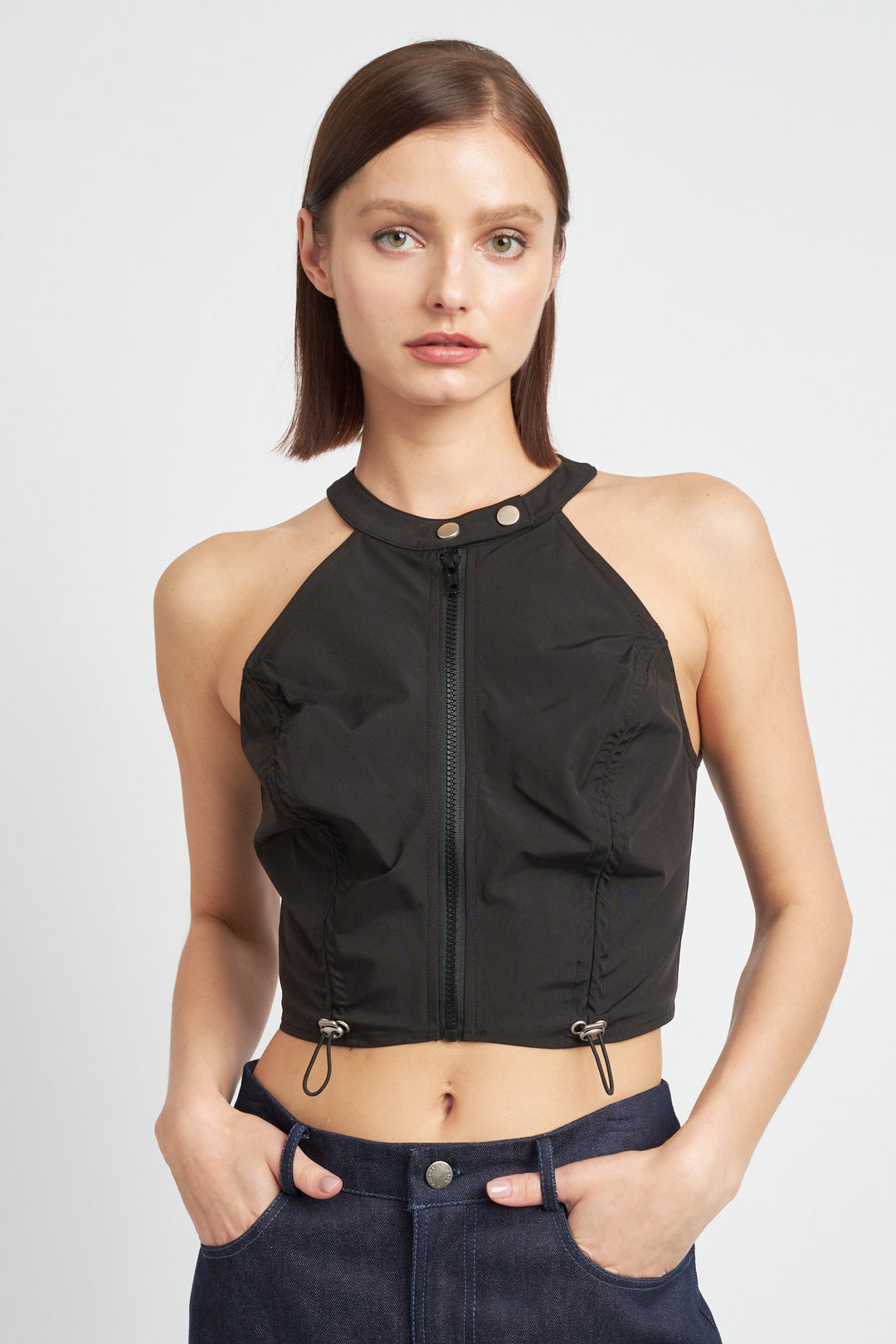 Black Zip Front Halter Neck Cropped Top