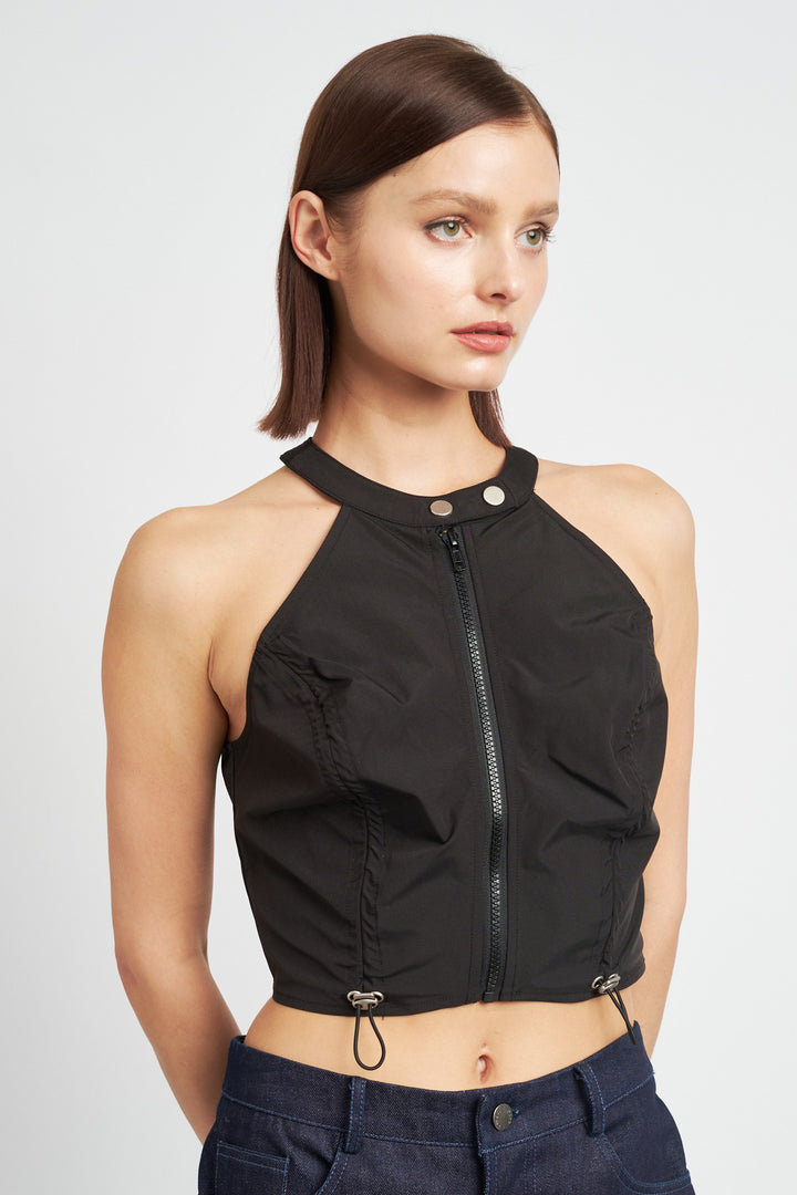 Charcoal Zip Front Halter Neck Cropped Top