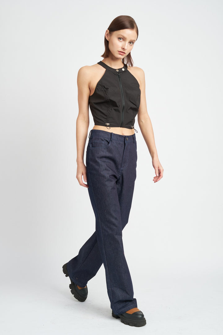 Black Zip Front Halter Neck Cropped Top