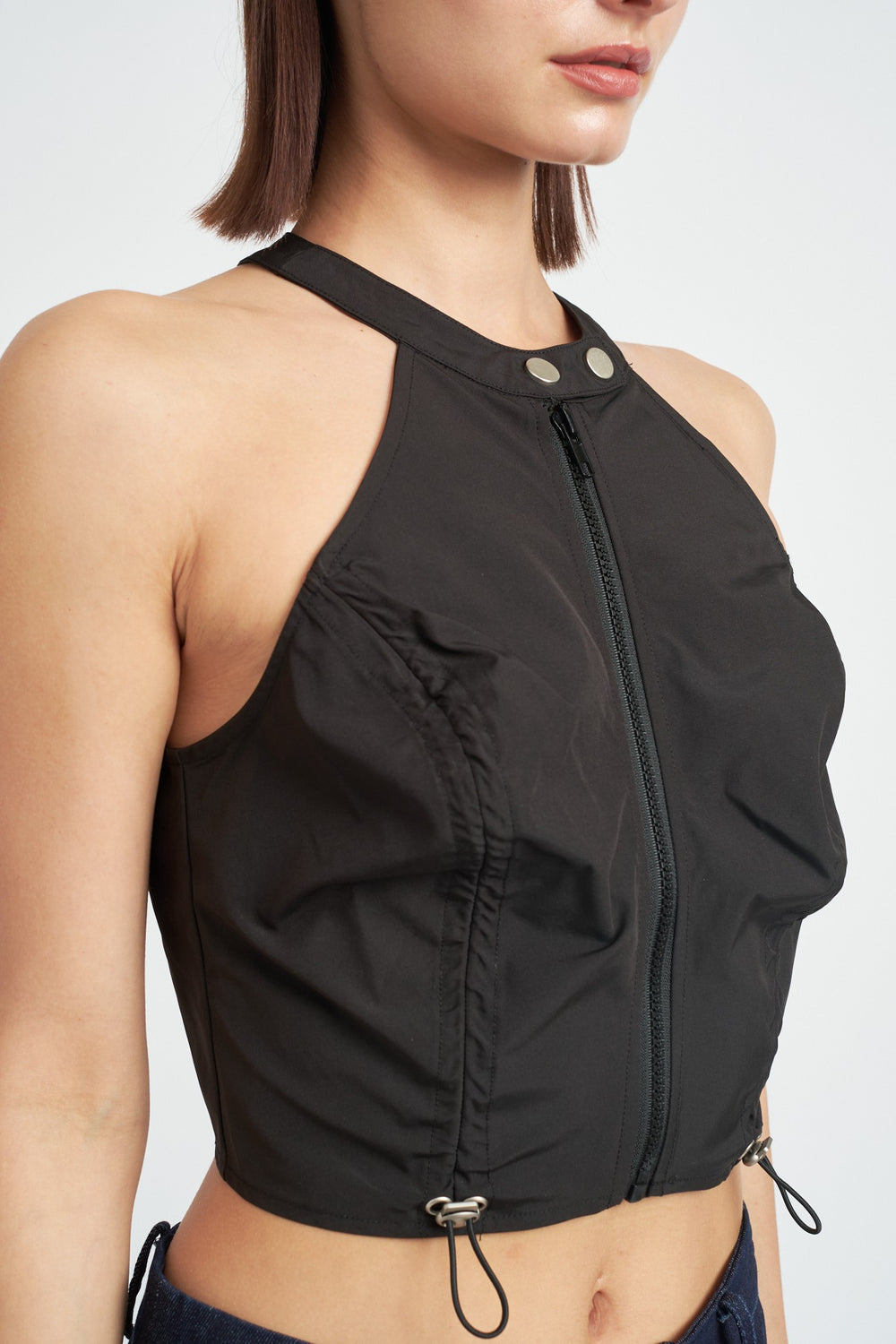 Black Zip Front Halter Neck Cropped Top