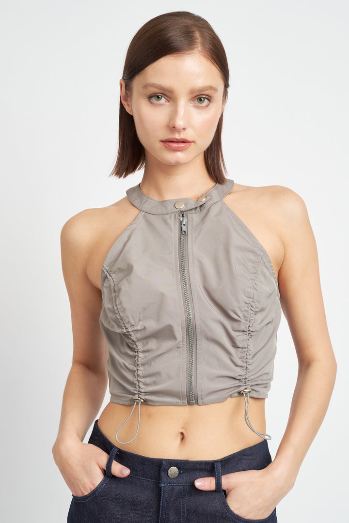Charcoal Zip Front Halter Neck Cropped Top