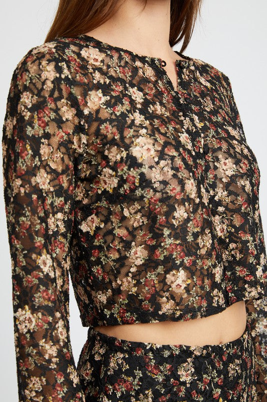 Black Floral Belll Sleeve Cropped Top