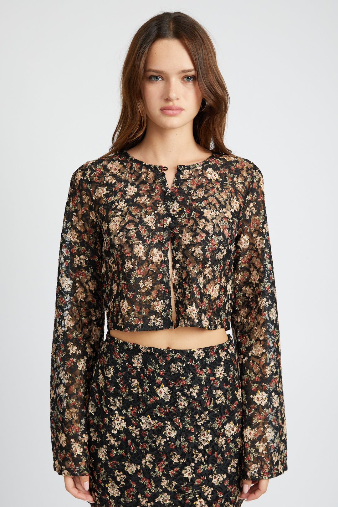 Black Floral Belll Sleeve Cropped Top