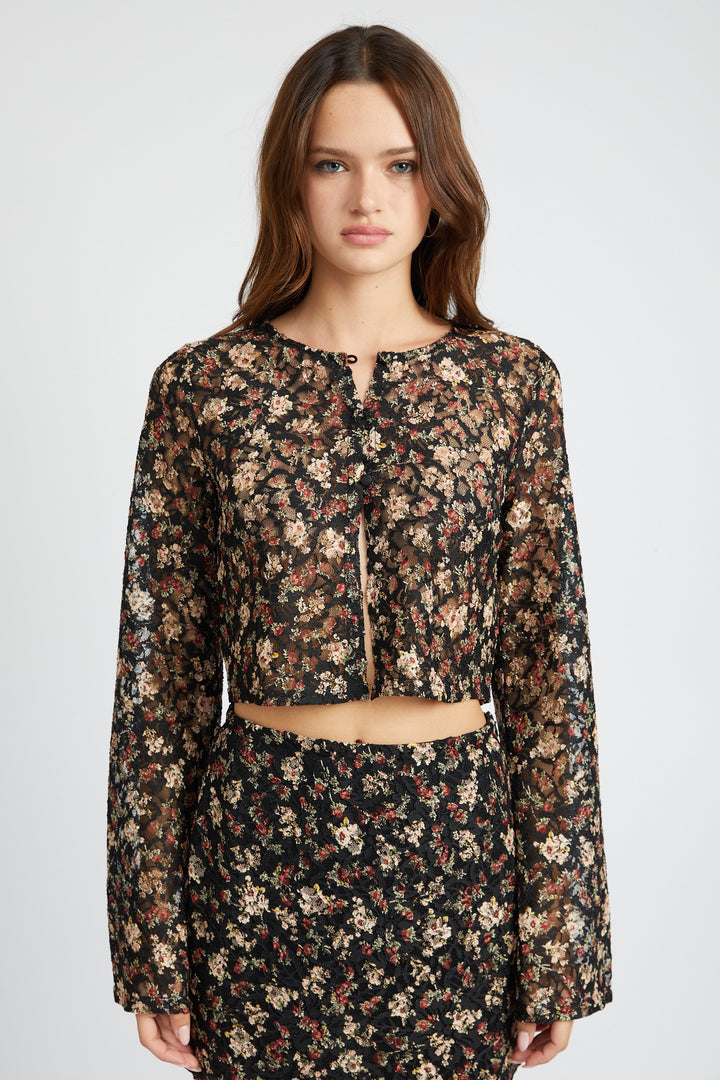 Black Floral Belll Sleeve Cropped Top