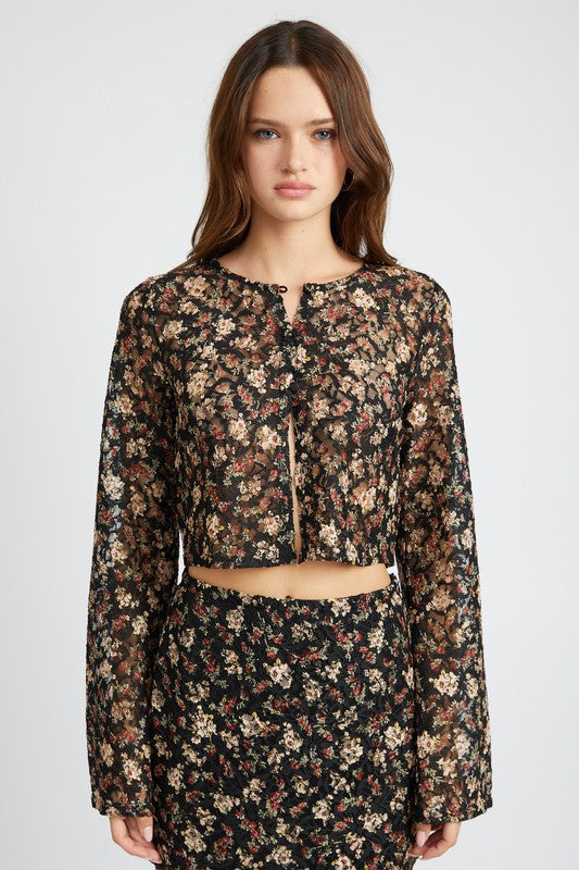 Black Floral Belll Sleeve Cropped Top