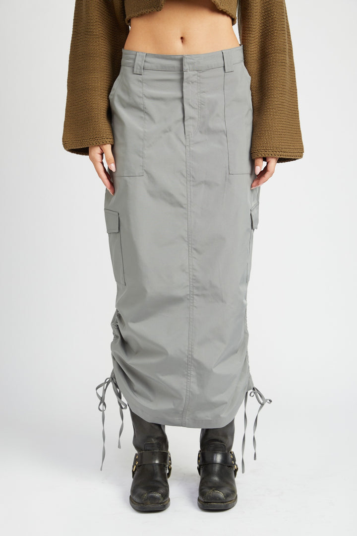Grey Ruched Midi Cargo Skirt