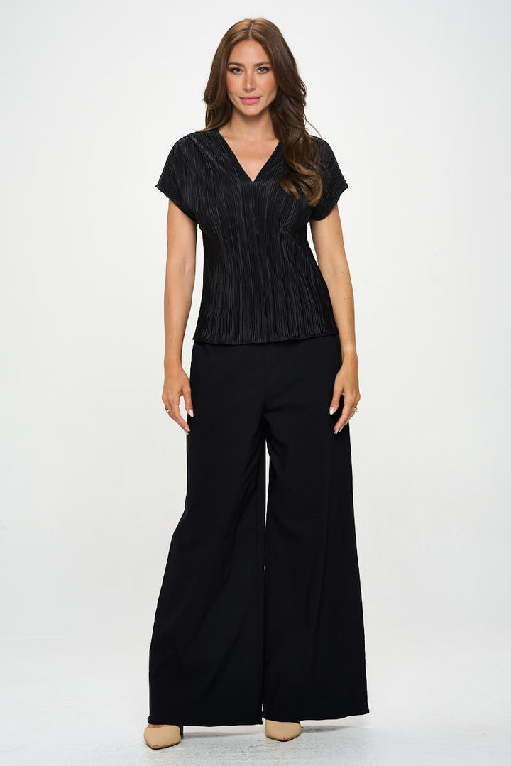 Vibrant Plisse V Neck Flowy Top