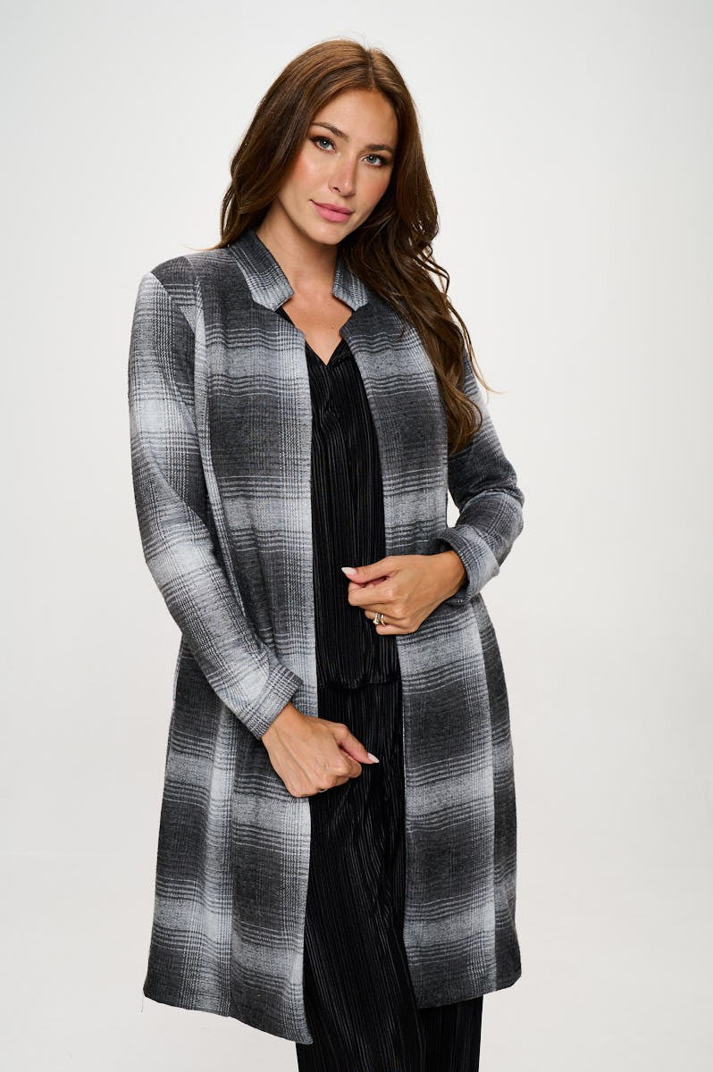 Charcoal Made In Usa Plaid Open Front Coat With Collar
