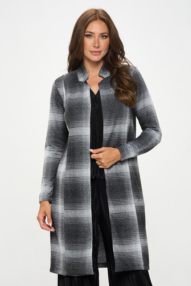 Charcoal Made In Usa Plaid Open Front Coat With Collar