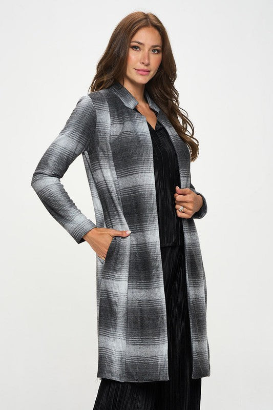 Charcoal Made In Usa Plaid Open Front Coat With Collar 1