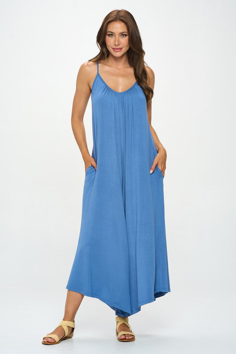 Blue Made In Usa Modal Spandex Soft Knit Jumpsuit | Anekay