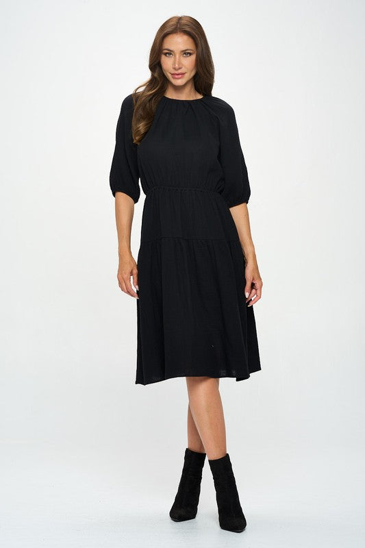 BK Made In Usa Cotton 3 4 Sleeve Tiered Midi Dress