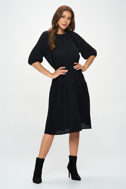 Made In Usa Cotton 3 4 Sleeve Tiered Midi Dress