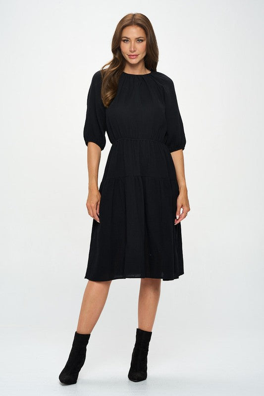 BK Made In Usa Cotton 3 4 Sleeve Tiered Midi Dress