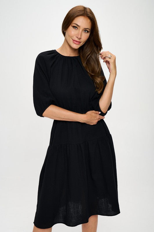 BK Made In Usa Cotton 3 4 Sleeve Tiered Midi Dress