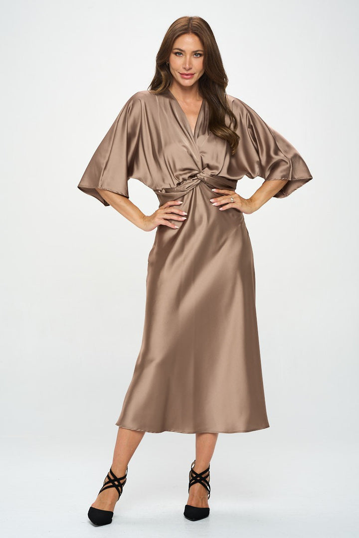 Satin Stretch Solid Dress With Front Twist | Anekay