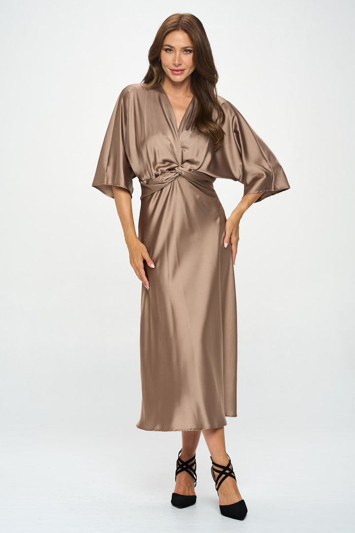 Dune Satin Stretch Solid Dress With Front Twist | Anekay
