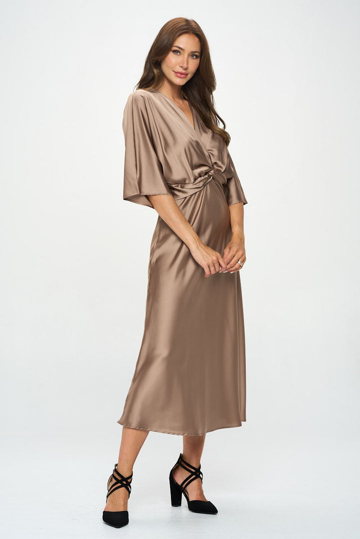 Dune Satin Stretch Solid Dress With Front Twist | Anekay